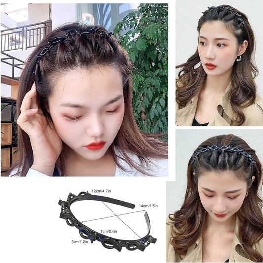 Braided twist headband set on dark hair, two black hairband loops