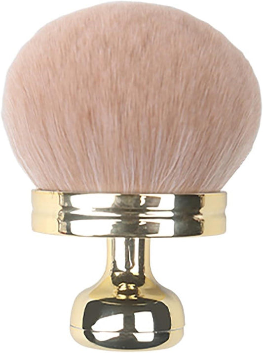 Self-tanning kabuki brush with large round tan bristles and gold metallic handle