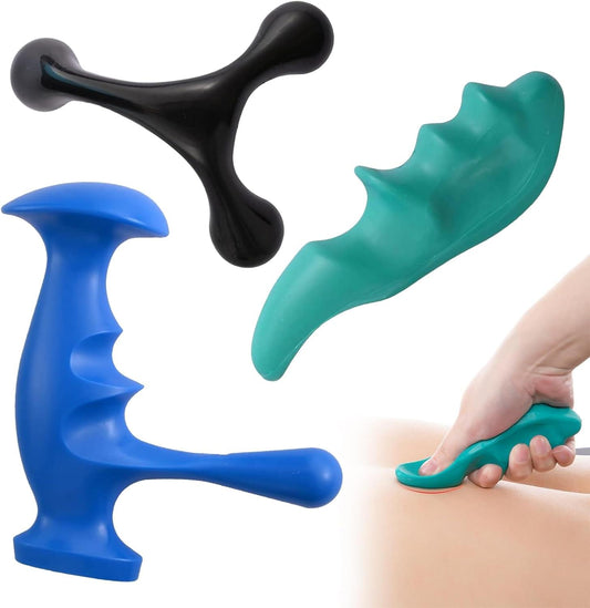 Trigger point massage tool with black 3-prong handle and green thumb protector