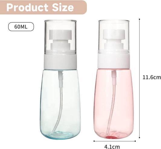 Mini travel spray bottles, blue and pink translucent bodies with white fine-mist nozzle