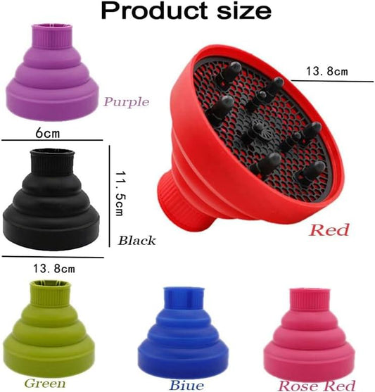 Collapsible hair diffuser attachments in purple, black, green, blue, and rose red