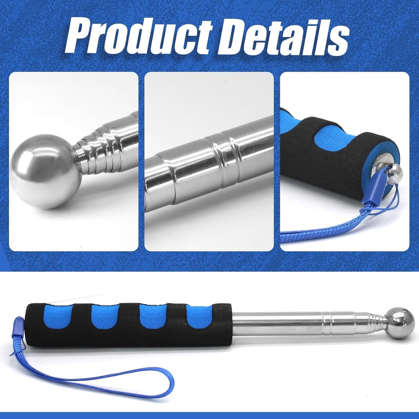 Self Defence Stick Retractable, Adjustable 115cm Thickened Telescopic Rod, Hollowing Drum Detection Hammer, Professional Telescopic Rod Hammer for House Decoration Inspection (Blue)
