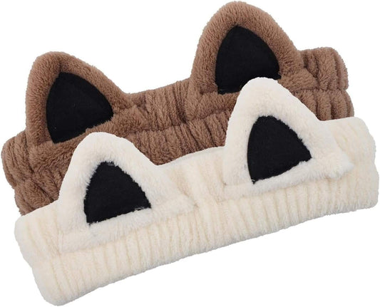 Brown and white cat-ear fleece facial wash headband with black triangular ear accents