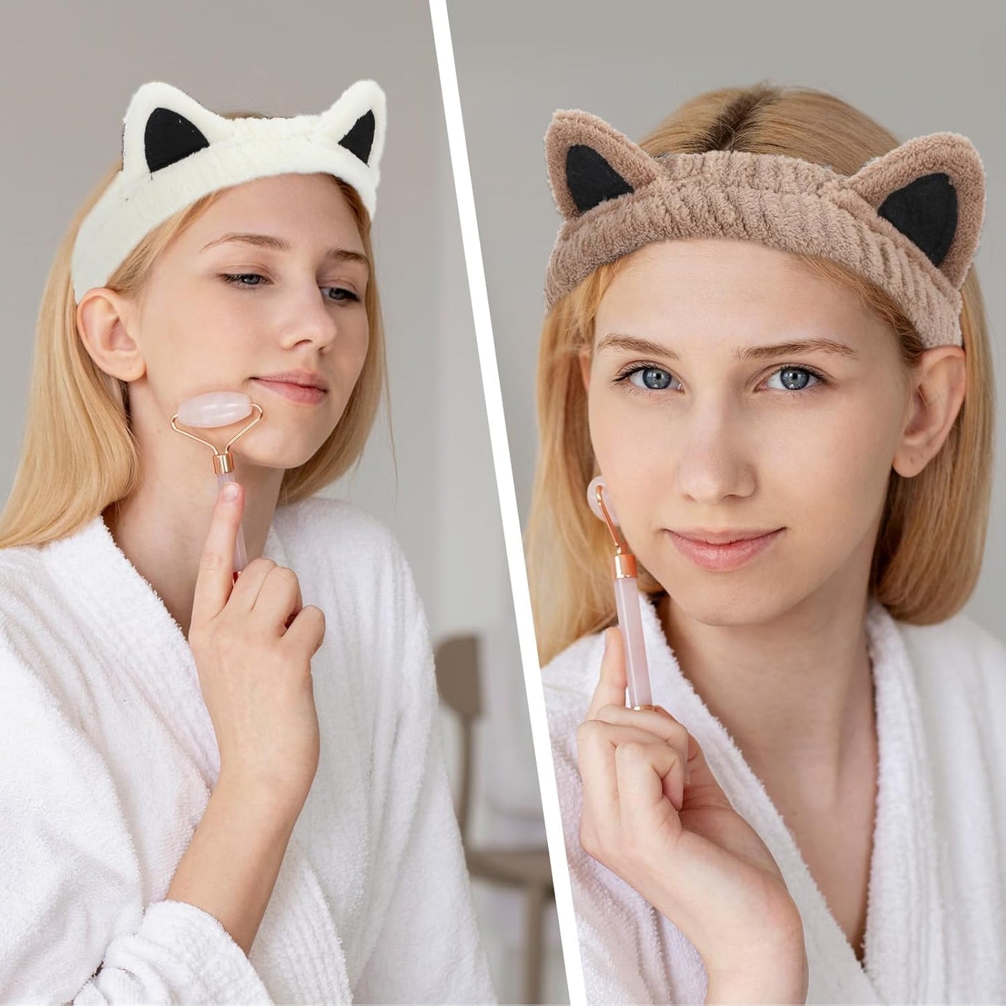 2Pcs Cat Ears Spa Headbands for Washing Face Makeup Skincare, Soft Coral Fleece Facial Wash Hair Accessories, Cute Animal Elastic Headband, Fuzzy Cartoon Hair Bands, Hairs Holder for Women