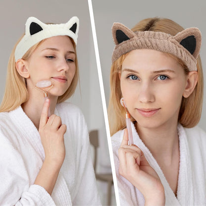 2Pcs Cat Ears Spa Headbands for Washing Face Makeup Skincare, Soft Coral Fleece Facial Wash Hair Accessories, Cute Animal Elastic Headband, Fuzzy Cartoon Hair Bands, Hairs Holder for Women