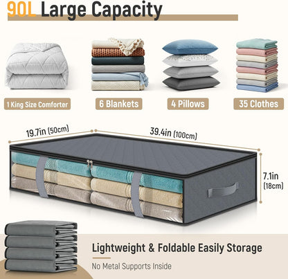 4 Pack 90L Under Bed Storage Containers - Underbed for Clothes, Blankets Closet Organizers and Bags the Bins with Handles & Clear Front
