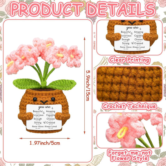 Crochet pot doll with pink forget-me-not flowers; infographic with size arrows and technique