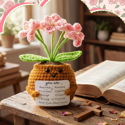 Christian Gift for Women Positive Handmade Crochet Doll with Bible Verse Prayer Card Inspirational Scripture Religious Mother's Day Sunday Group Church(Forget Me Nots) -