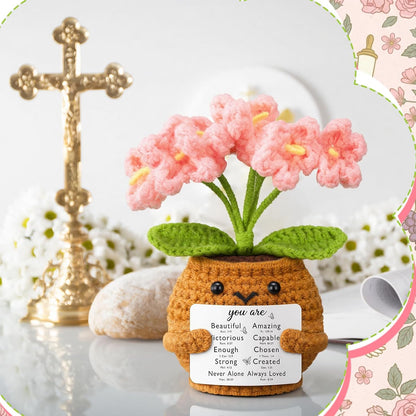 Christian Gift for Women Positive Handmade Crochet Doll with Bible Verse Prayer Card Inspirational Scripture Religious Mother's Day Sunday Group Church(Forget Me Nots) -