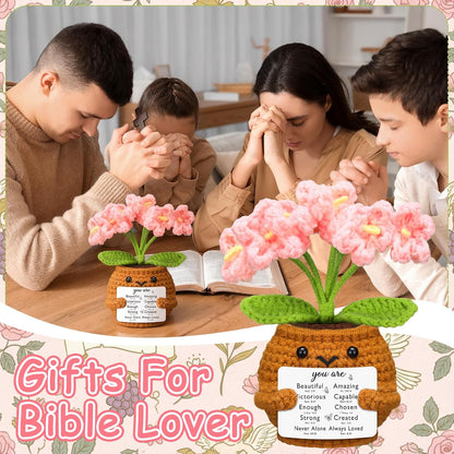 Christian Gift for Women Positive Handmade Crochet Doll with Bible Verse Prayer Card Inspirational Scripture Religious Mother's Day Sunday Group Church(Forget Me Nots) -