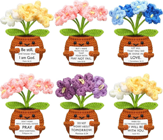 Crochet flower prayer doll set with colorful blossoms and scripture verse tags (6 pcs)