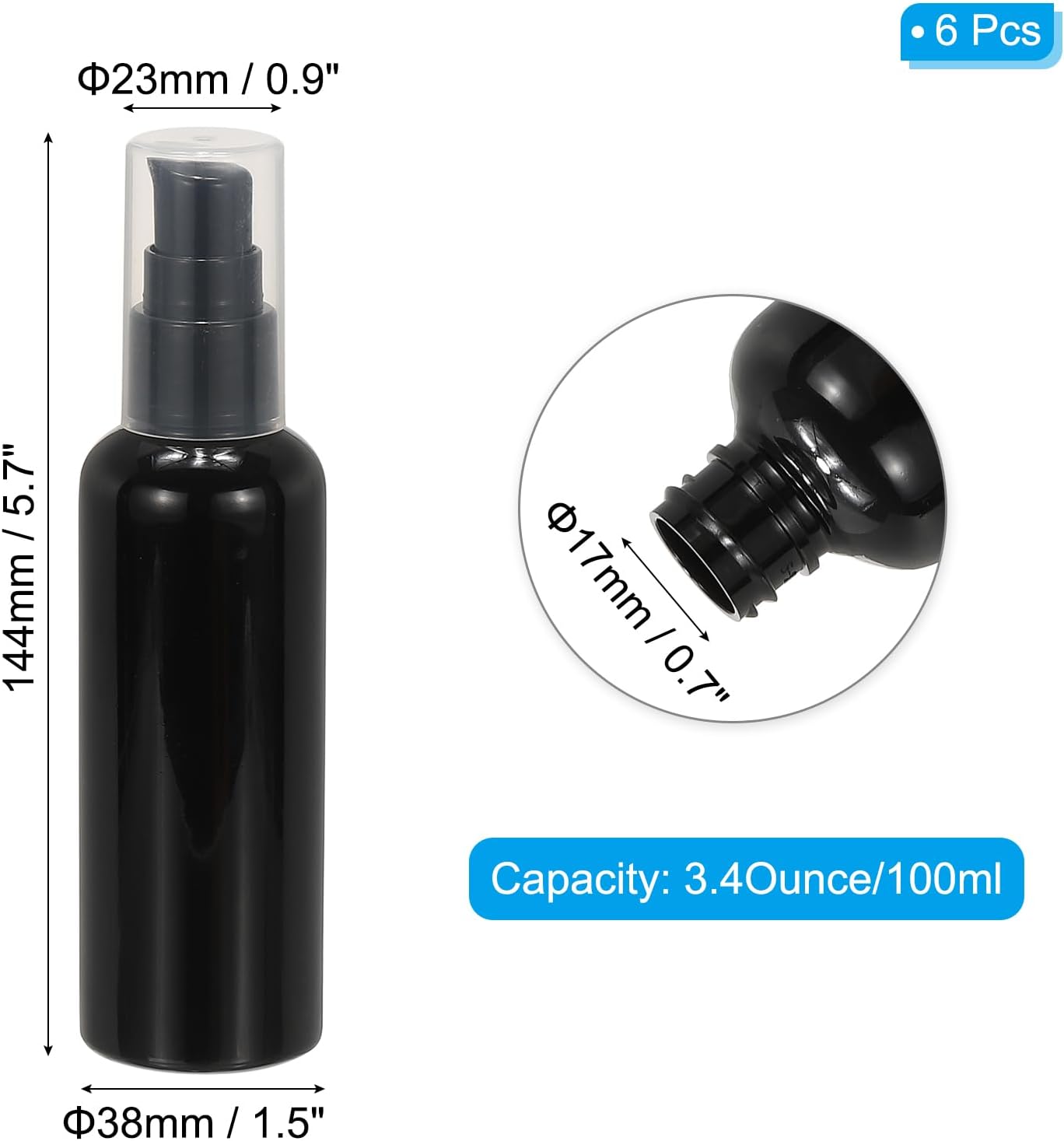 Travel Pump Bottles, 6 Pcs 3.4Oz(100ml) Leak Proof Refillable Empty Dispenser Container Squeeze Bottle with for Shampoo Toiletries Lotion Cream, Black -