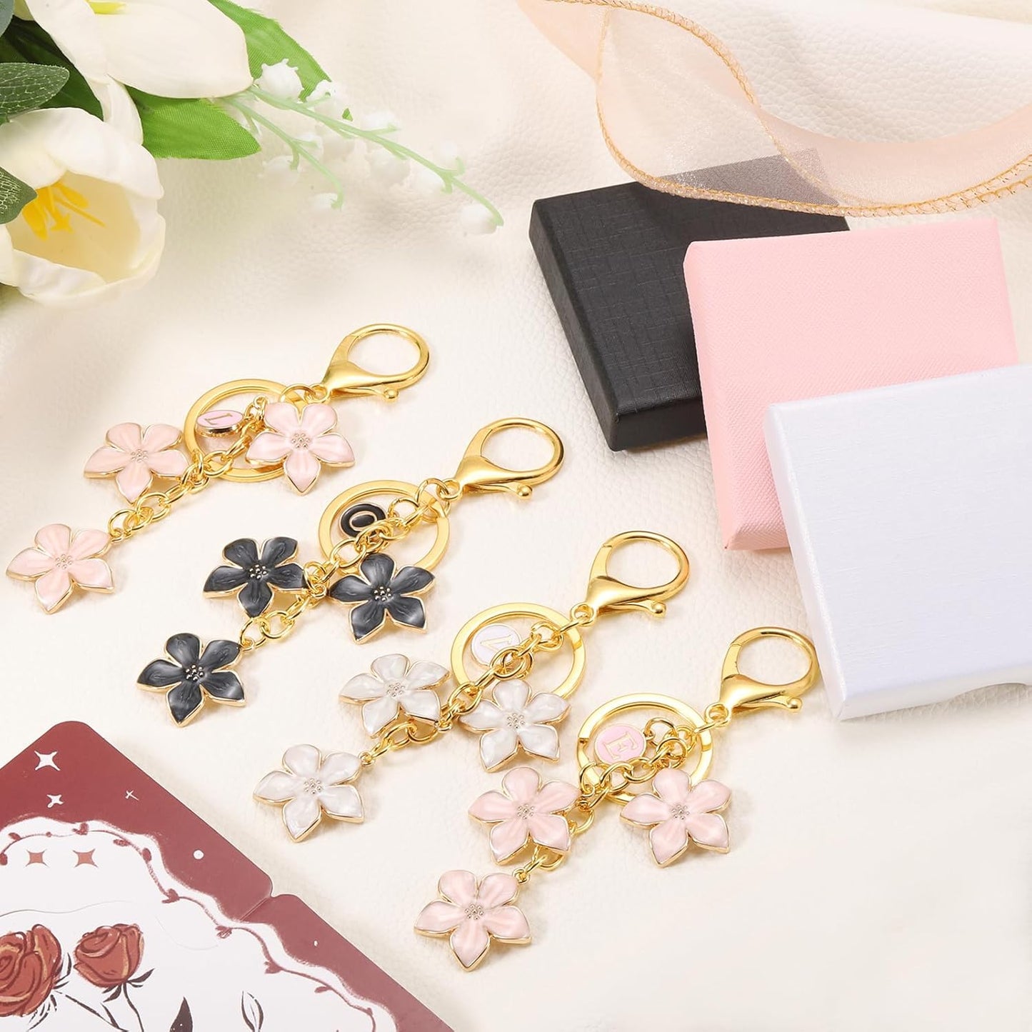 Initial Letter Flower Keychain, Alphabet Drip Oil Charm Cherry Blossom Keyring Keys for Birthdays Black -