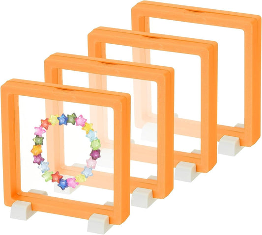 Orange floating display case frames with clear front window and base stands