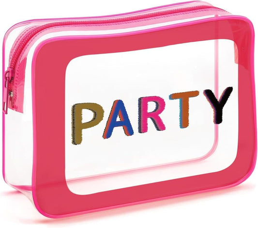 Pink-bordered transparent makeup pouch with 'PARTY' print and zipper