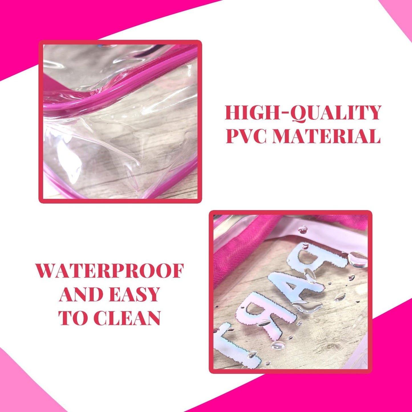 Clear Makeup Bag Travel Toiletry Organizer, Transparent PVC Cosmetic with Zipper, Waterproof Shower Organizer(Party Patterns Pink)