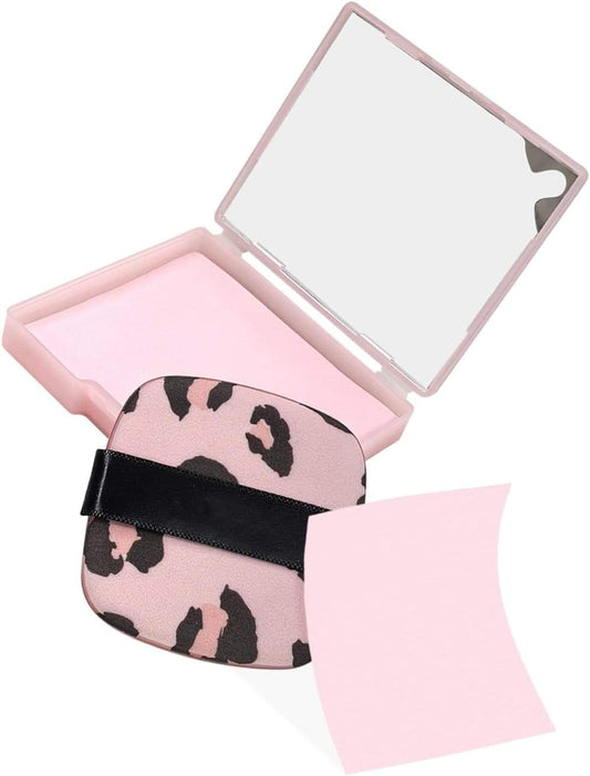 Oil blotting paper set: pink leopard print puff with open mirror compact case
