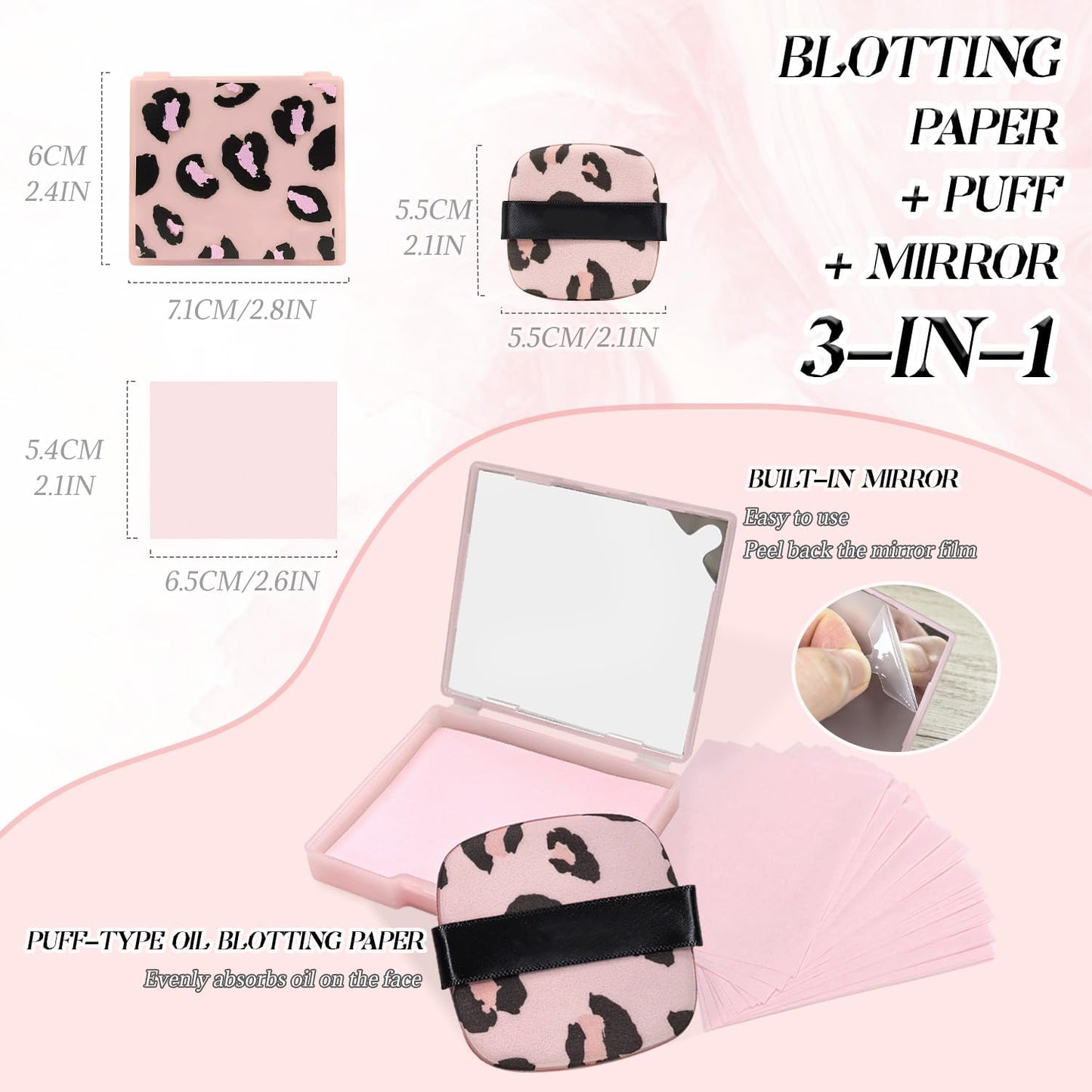 3-in-1 Oil Blotting Paper Set for Face Absorbing Sheet with Portable Mirror & Adhesive Makeup Puff, Oily Skin, Design Men Women(100 Sheets, Pink Leopard Print)