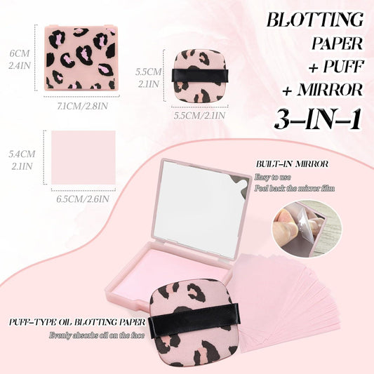 Oil blotting paper set compact with built-in mirror and leopard print adhesive puff
