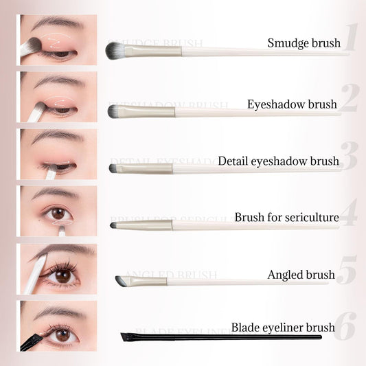 Eye shadow brush set with five beige-handled brushes and one black eyeliner brush