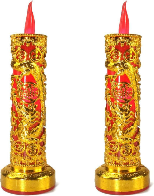 Pair of gold and red LED flameless lantern candles with tall red flame tips