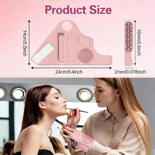Pink silicone makeup wristband, triangular shape with adjustable strap and raised brush-clean zone