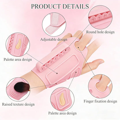 Silicone Makeup Assistant Wristband, Professional Portable Beauty Tool with Brush Holder, Color Mixing Palette & Cleaning Zone, Adjustable Hand Strap for Artists Daily Use(Pink)