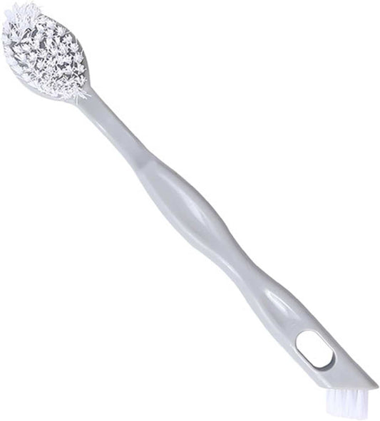Double-sided sneaker cleaning brush with grey handle and white bristle head
