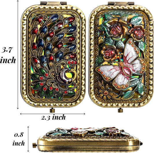 Compact foldable mirror set, ornate double-sided peacock and butterfly art with gold-tone trim