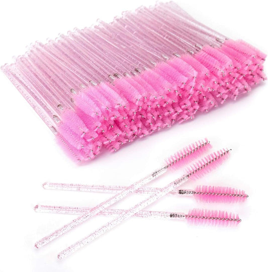 Disposable pink lash brush applicators with glitter handle and spool bristles