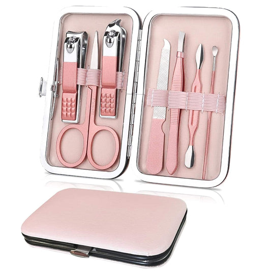 Pink nail care tool set in open travel case with clippers, file, and nail picks