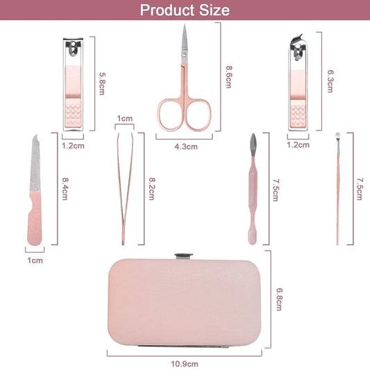 Pink nail care tool set size diagram with travel case and metal grooming tools