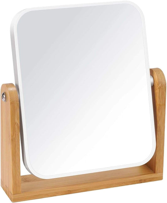 Desk vanity mirror with white-edged square glass and light wood stand