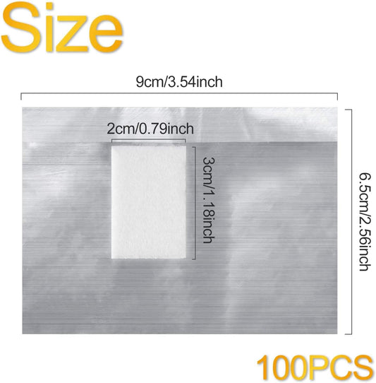 Silver nail foil pad size diagram with 100 pcs label