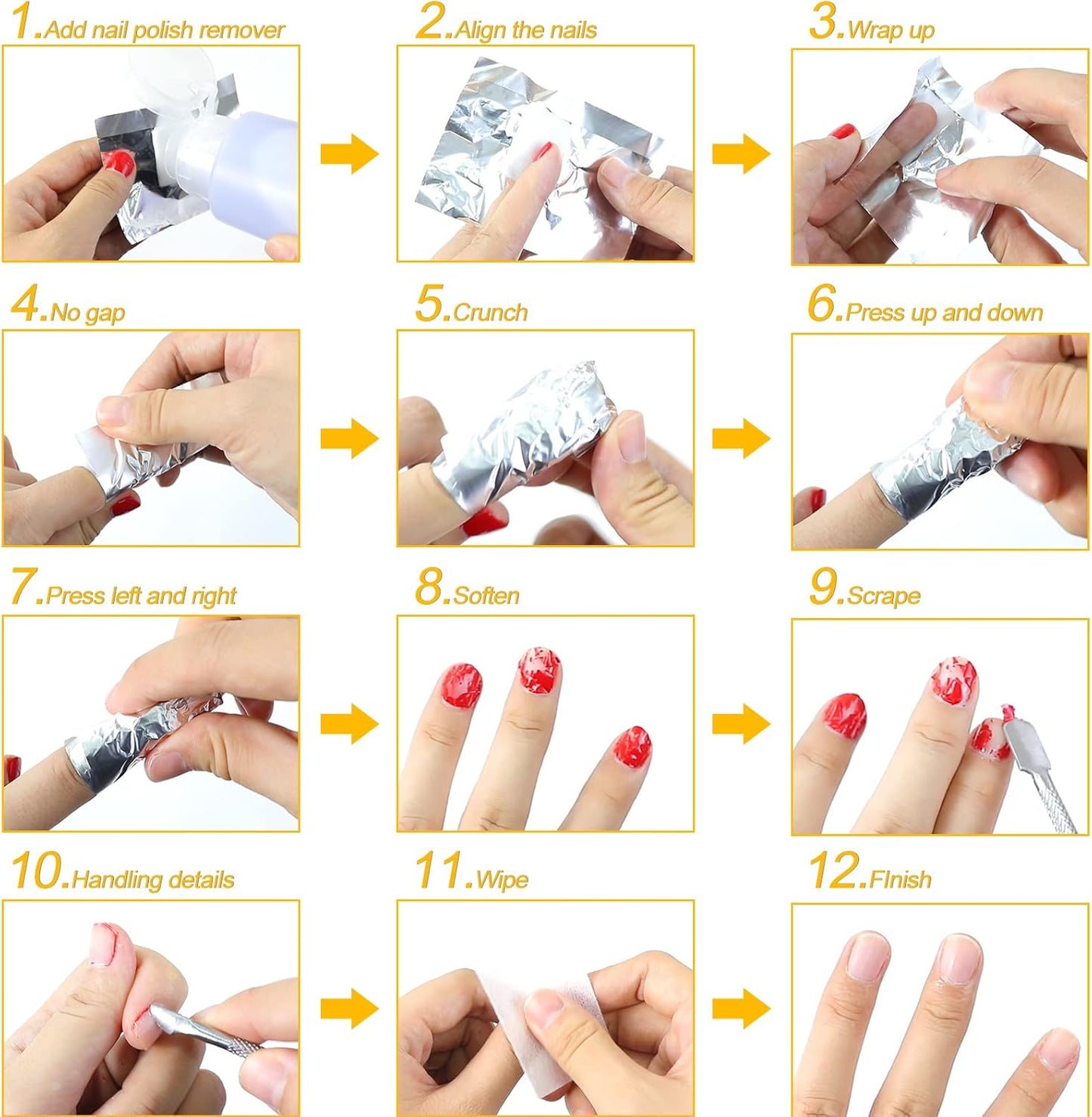100 foil nail stickers, foil for gel nails, nail foil remover with pre-installed lint-free cotton pads for manicure and pedicure, nail art cleaner