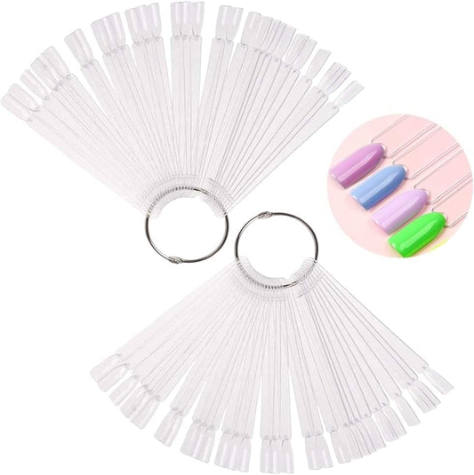 Clear nail display sticks fan with silver metal rings