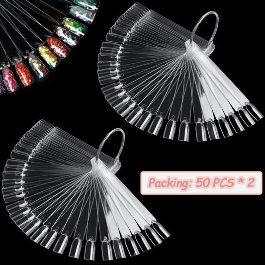 Clear nail display sticks fan with metal rings, angled view