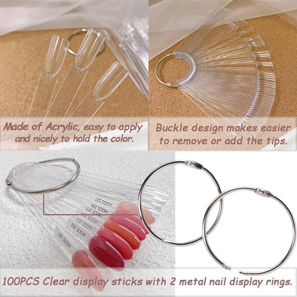 100 transparent nail sticks in fan shape, nail polish sticks, nail display sticks, transparent plastic pointed color sticks with metal ring for salons and beginners