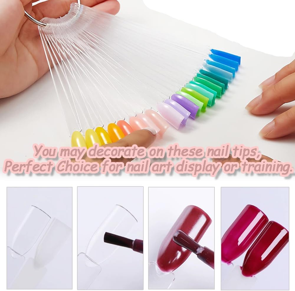 100 transparent nail sticks in fan shape, nail polish sticks, nail display sticks, transparent plastic pointed color sticks with metal ring for salons and beginners