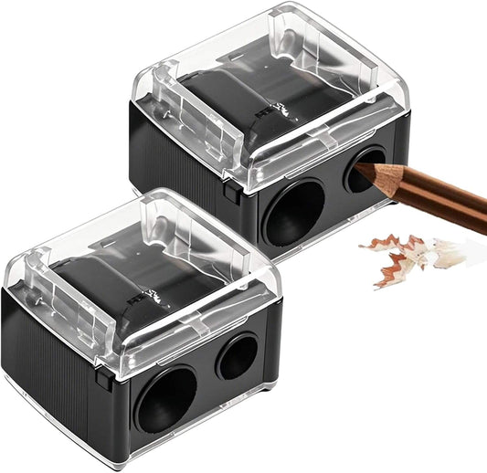 Black dual-hole pencil sharpener with clear top and two sharpen openings