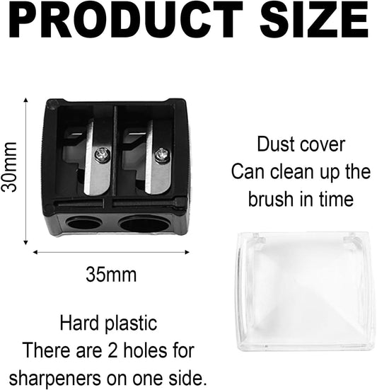 Compact black plastic pencil sharpener base with two holes and hinged dust cover