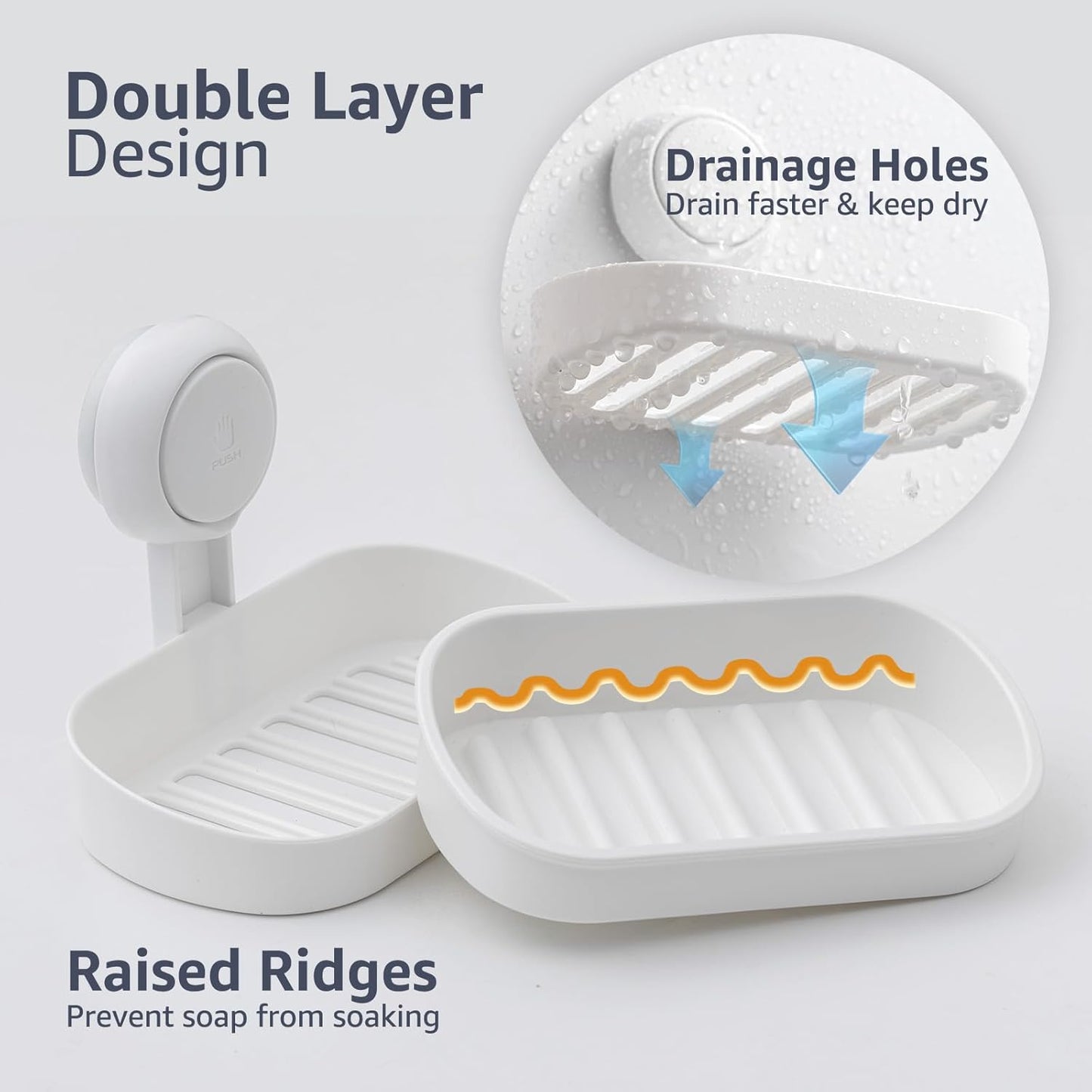 Shower soap dish, load capacity up to 3 kg, bathroom, soap dish with suction cup, wall-mounted, waterproof, no drilling required, removable shower storage container with suction cup, sponge holder, white plastic