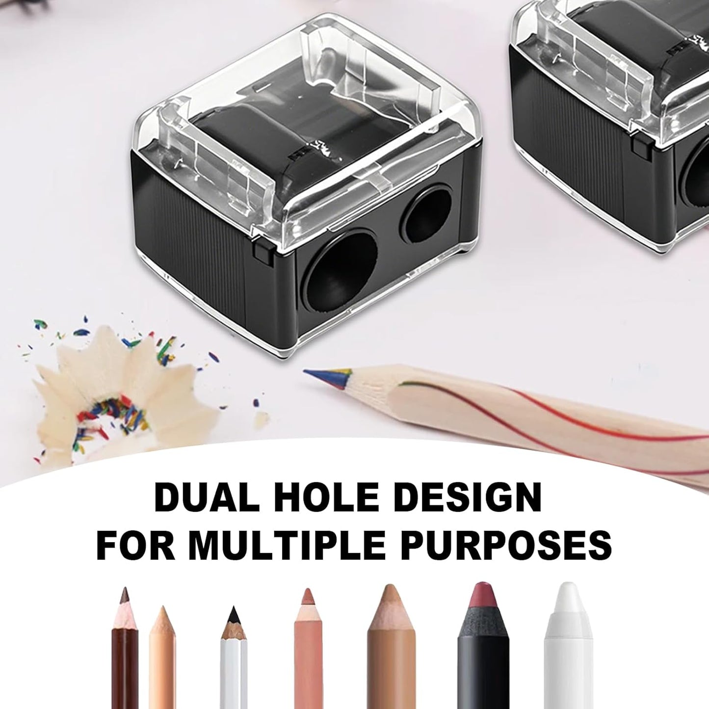 2-piece eyeliner pencil sharpener, makeup pencil sharpener with 2 holes, compact eyebrow pencil sharpener for different sizes of eyebrow pencils, eyeliner pencils, lip liners, etc., easy to clean (black)