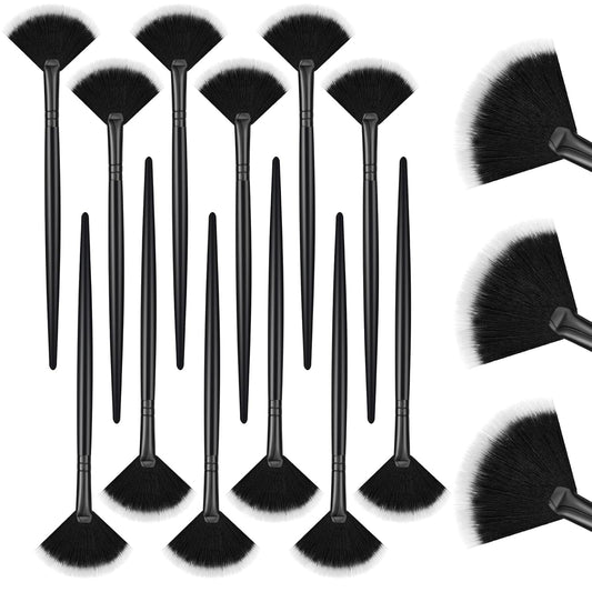 12-piece facial fan brush set with black handles and soft black bristles