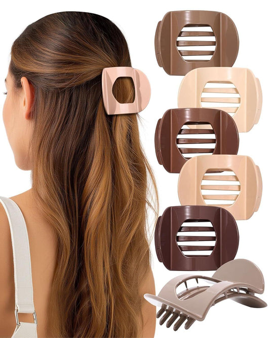 Curved claw hair clips on long hair, plus 6-piece set in nude and brown tones