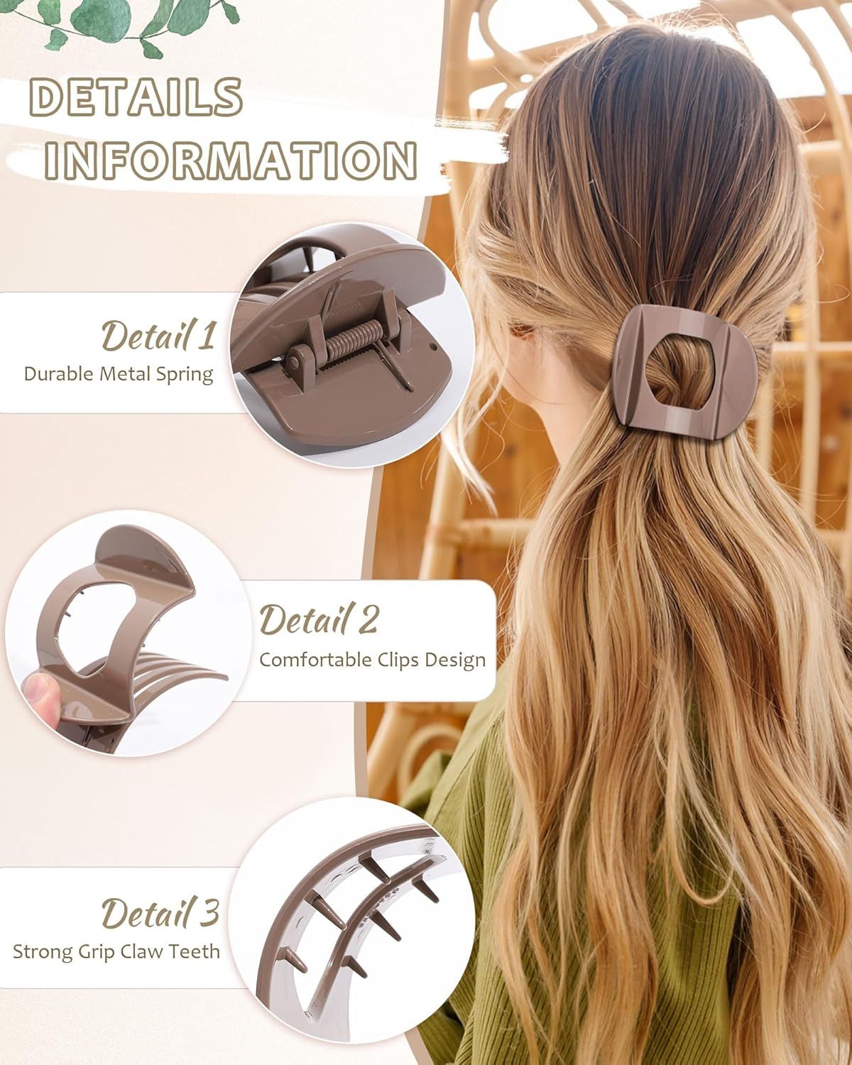 6Pcs lat Hair Clips or Women Strong Grip Curved Claw Clip or Thin Hair Non-slip Plastic Hair Barrettes ((Light Brown+Dark Brown+Light Brown+Dark Brown+O-White+Chestnut))