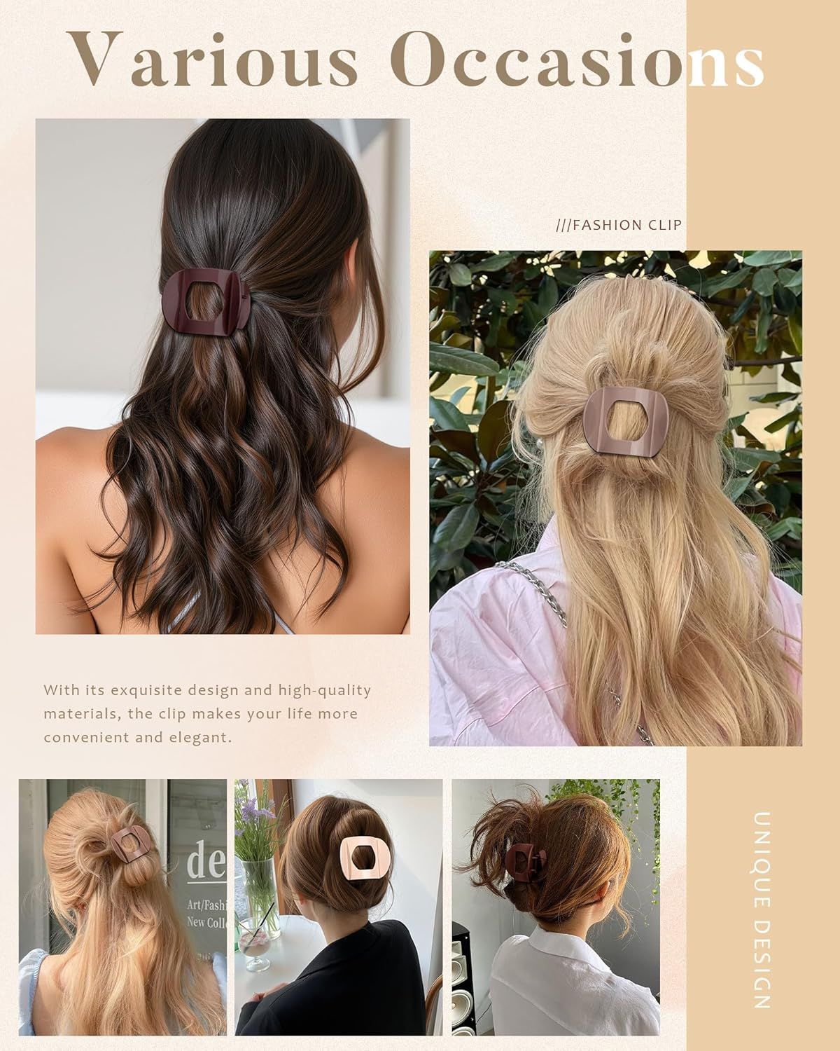 6Pcs lat Hair Clips or Women Strong Grip Curved Claw Clip or Thin Hair Non-slip Plastic Hair Barrettes ((Light Brown+Dark Brown+Light Brown+Dark Brown+O-White+Chestnut))