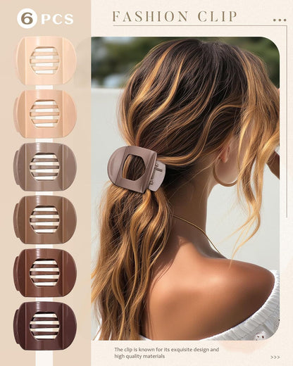 6Pcs lat Hair Clips or Women Strong Grip Curved Claw Clip or Thin Hair Non-slip Plastic Hair Barrettes ((Light Brown+Dark Brown+Light Brown+Dark Brown+O-White+Chestnut))