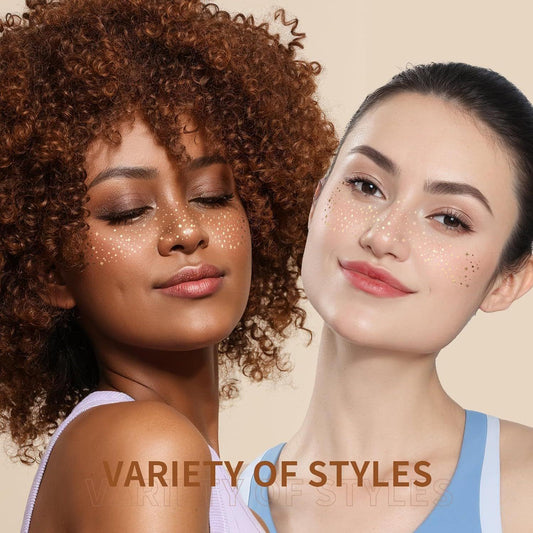 Gold glitter face speckles on two women’s cheeks and under eyes
