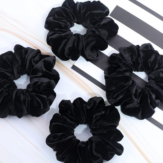 Black velvet jumbo scrunchie with gathered scrunchy loops, thick elastic band